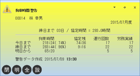 拘束時間情報　警告